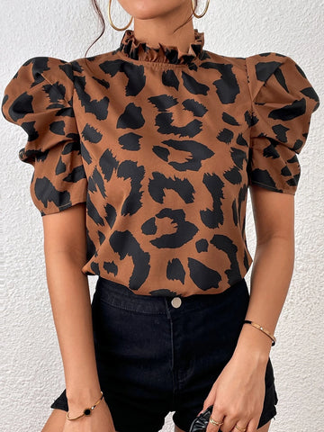Puff Sleeve Frilled Neck Leopard Blouse