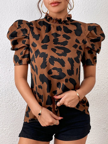 Puff Sleeve Frilled Neck Leopard Blouse