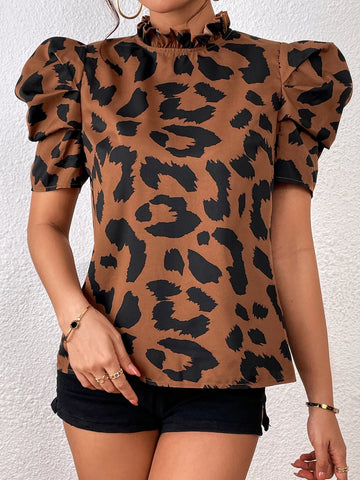 Puff Sleeve Frilled Neck Leopard Blouse