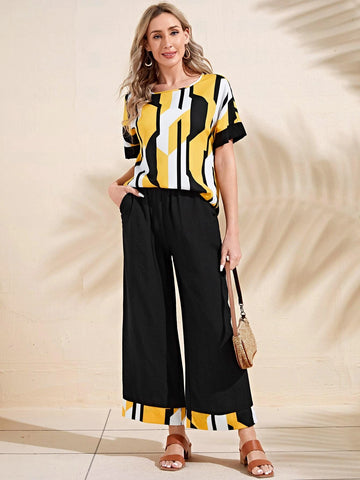 EMERY ROSE Batwing Sleeve Geo Print Top & Pants Set