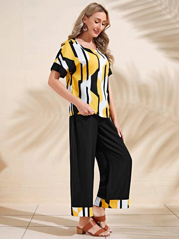 EMERY ROSE Batwing Sleeve Geo Print Top & Pants Set