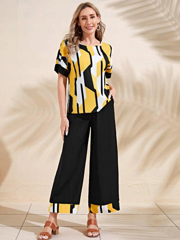 EMERY ROSE Batwing Sleeve Geo Print Top & Pants Set