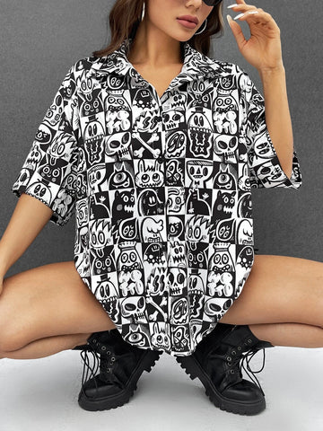 Skull & Cartoon Graphic Drop Shoulder Shirt