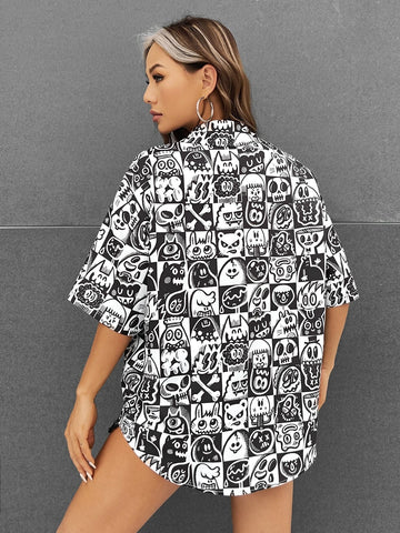 Skull & Cartoon Graphic Drop Shoulder Shirt