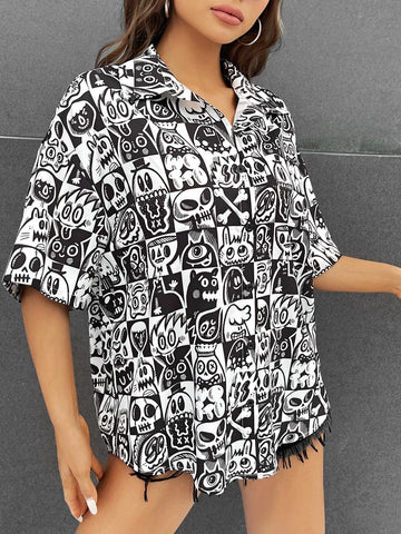 Skull & Cartoon Graphic Drop Shoulder Shirt