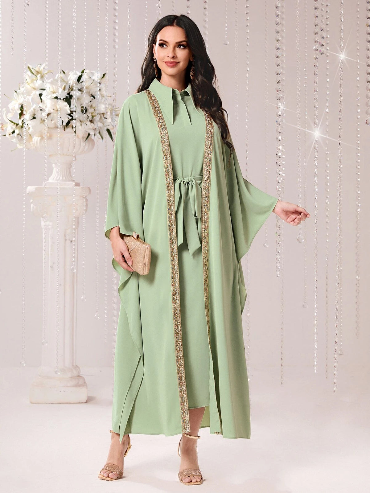 Contrast Tape Batwing Sleeve Coat & Belted Dress