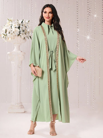 Contrast Tape Batwing Sleeve Coat & Belted Dress