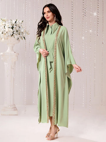 Contrast Tape Batwing Sleeve Coat & Belted Dress