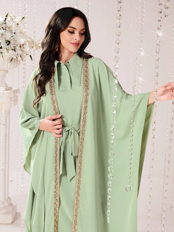 Contrast Tape Batwing Sleeve Coat & Belted Dress