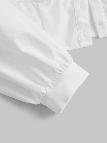 MOD Heart Cut Out Button Front Lantern Sleeve Crop Shirt