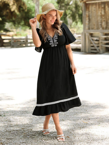 EMERY ROSE Embroidery Detail Ruffle Hem Dress