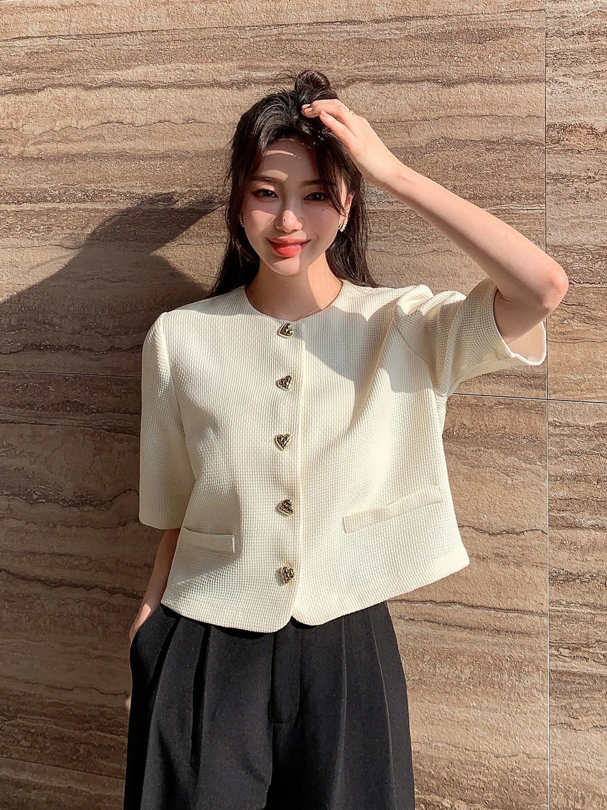 DAZY Solid Button Front Blouse