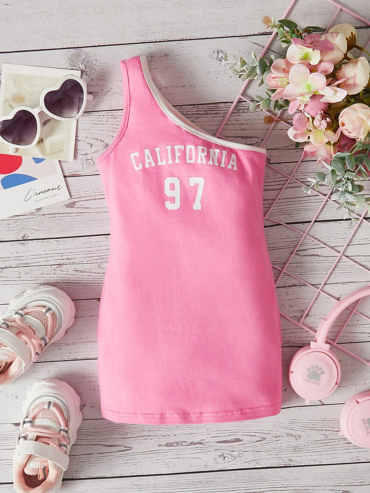 Baby Letter Graphic One Shoulder Contrast Binding Dress