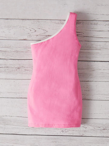 Baby Letter Graphic One Shoulder Contrast Binding Dress