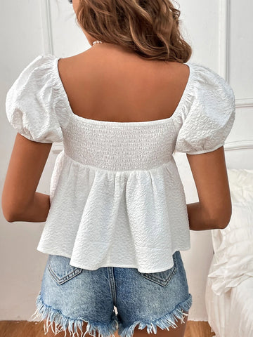 VCAY Sweetheart Neck Puff Sleeve Peplum Blouse
