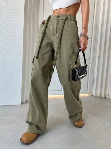 DAZY Flap Pocket Drawstring Detail Cargo Jeans