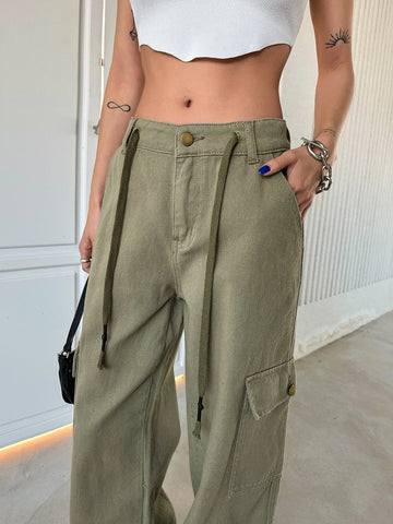 DAZY Flap Pocket Drawstring Detail Cargo Jeans