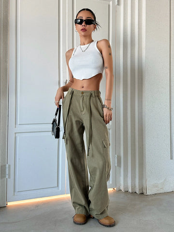 DAZY Flap Pocket Drawstring Detail Cargo Jeans