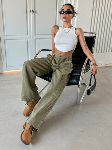 DAZY Flap Pocket Drawstring Detail Cargo Jeans