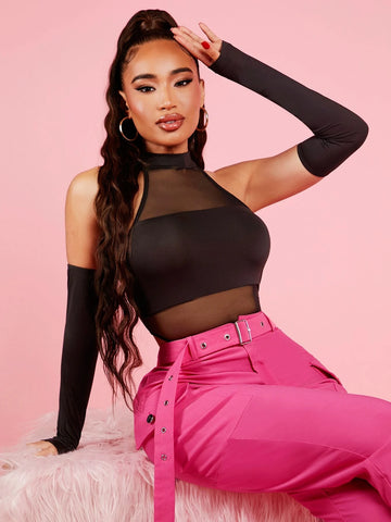 SXY Mesh Insert Mock Neck Bodysuit With Sleeves