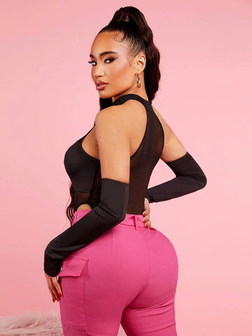 SXY Mesh Insert Mock Neck Bodysuit With Sleeves