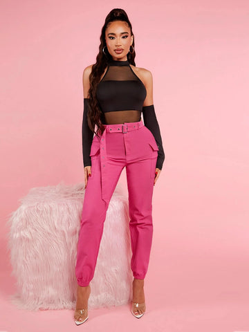 SXY Mesh Insert Mock Neck Bodysuit With Sleeves