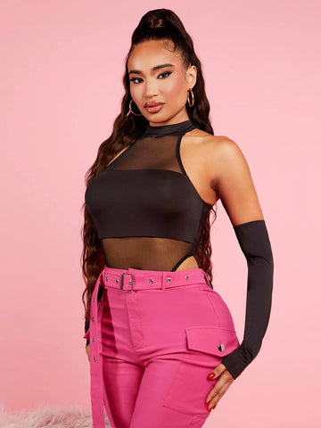 SXY Mesh Insert Mock Neck Bodysuit With Sleeves