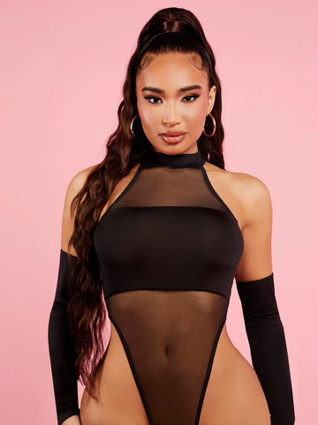 SXY Mesh Insert Mock Neck Bodysuit With Sleeves