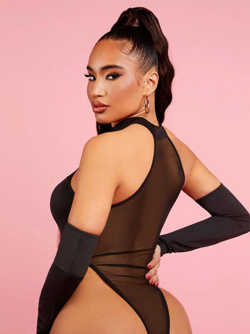 SXY Mesh Insert Mock Neck Bodysuit With Sleeves