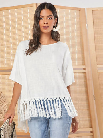 EMERY ROSE Solid Fringe Hem Blouse