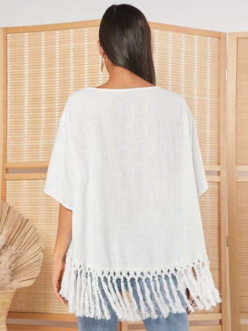 EMERY ROSE Solid Fringe Hem Blouse
