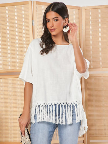 EMERY ROSE Solid Fringe Hem Blouse