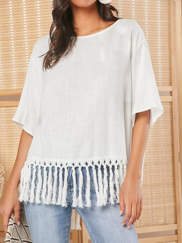 EMERY ROSE Solid Fringe Hem Blouse
