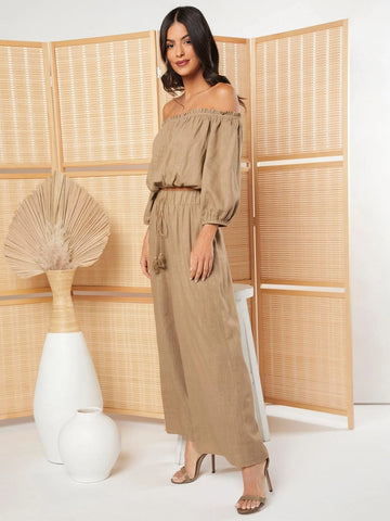 EMERY ROSE Off Shoulder Top & Tie Waist Wide Leg Pants