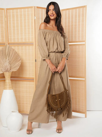 EMERY ROSE Off Shoulder Top & Tie Waist Wide Leg Pants