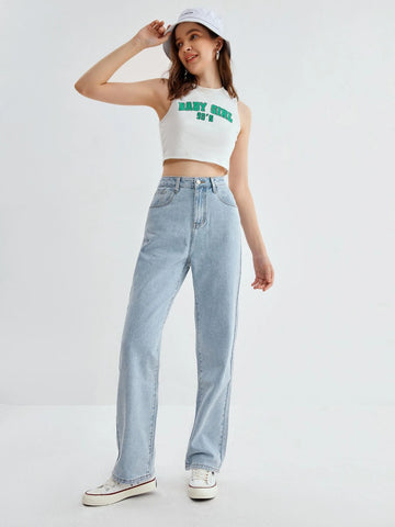 ROMWE Solid Straight Leg Jeans