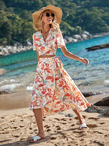 VCAY Floral Print Crop Top & Skirt