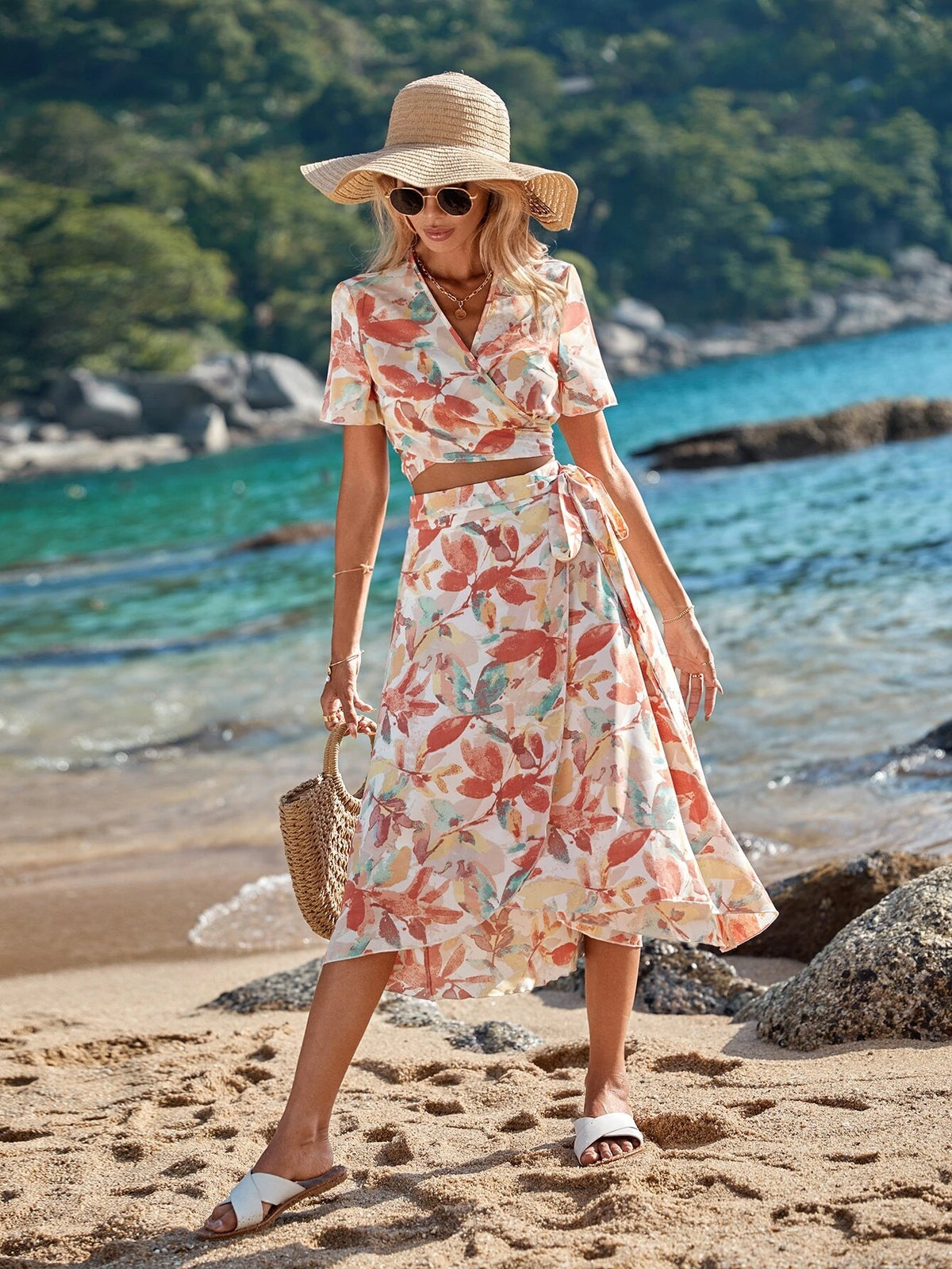 VCAY Floral Print Crop Top & Skirt