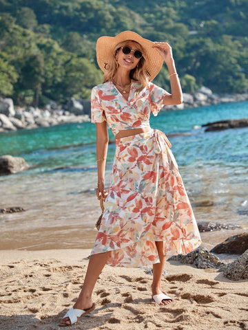 VCAY Floral Print Crop Top & Skirt