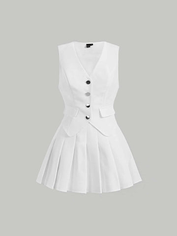 MOD Button Front Vest Blazer & Pleated Skirt