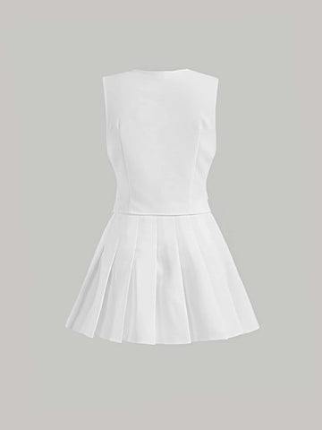 MOD Button Front Vest Blazer & Pleated Skirt