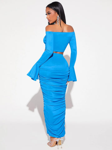 SXY Off Shoulder Ruched Front Crop Top & Bodycon Skirt