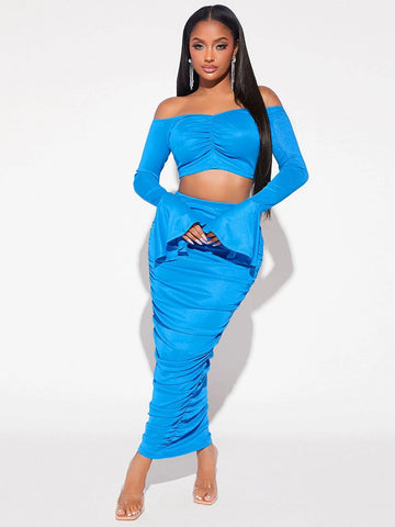 SXY Off Shoulder Ruched Front Crop Top & Bodycon Skirt
