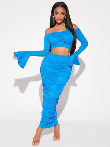 SXY Off Shoulder Ruched Front Crop Top & Bodycon Skirt