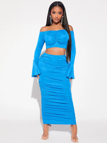 SXY Off Shoulder Ruched Front Crop Top & Bodycon Skirt