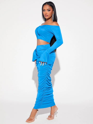 SXY Off Shoulder Ruched Front Crop Top & Bodycon Skirt