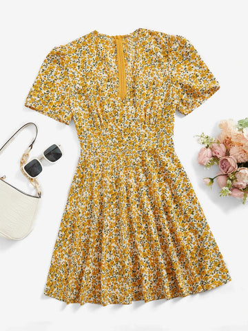 VCAY Ditsy Floral Print V Neckline Dress
