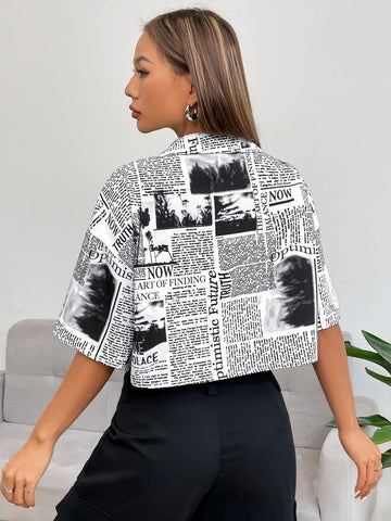 Newspaper Print Drop Shoulder Crop Shirt