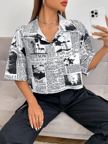 Newspaper Print Drop Shoulder Crop Shirt