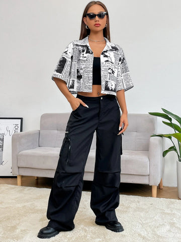 Newspaper Print Drop Shoulder Crop Shirt